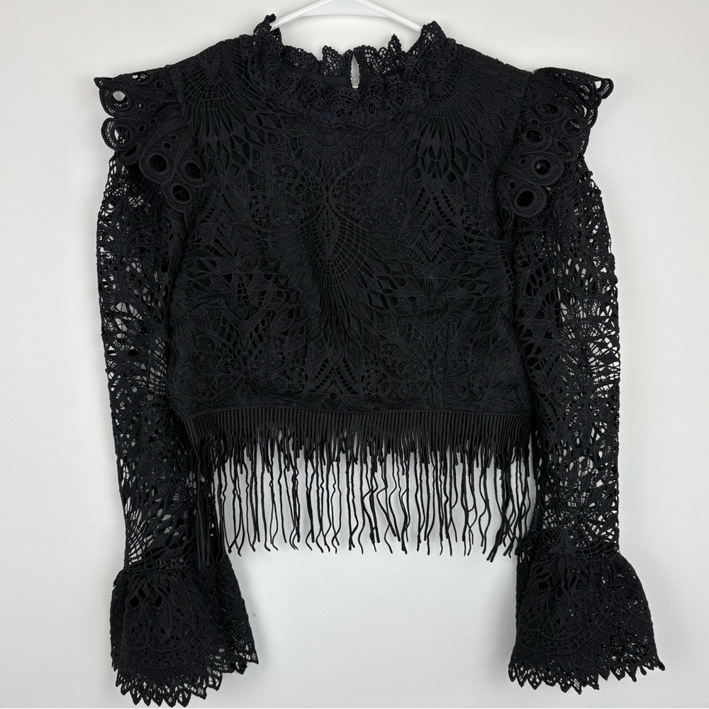 Beulah Black Crochet Fringe Long Sleeve Blouse Zip Back Large Boho Goth Whimsy